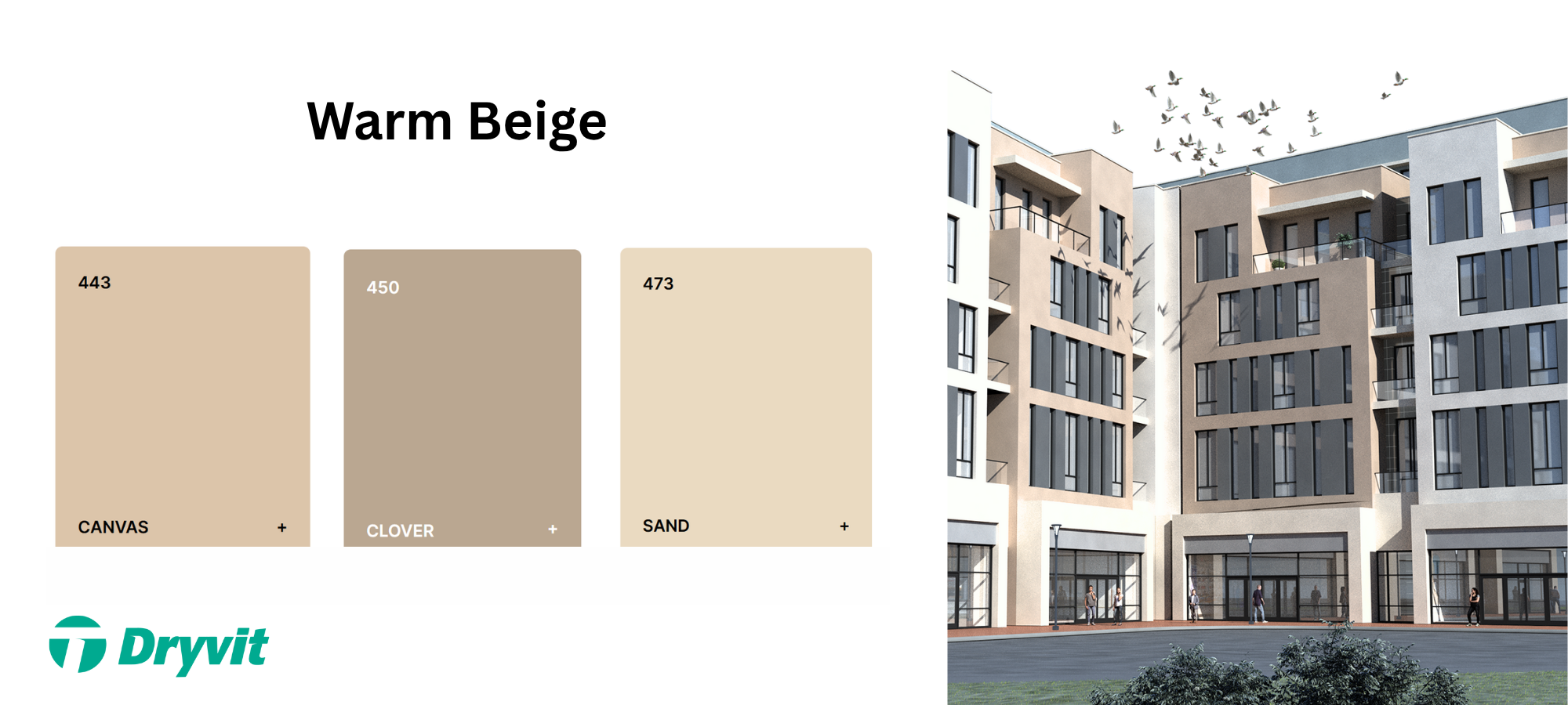 Graphic of Dryvit beige color swatches next to a white and beige building render.