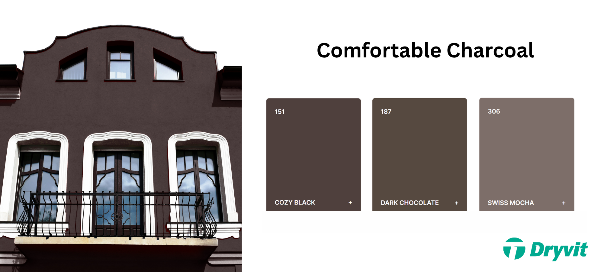 Graphic of charcoal color swatches with a black stucco building.