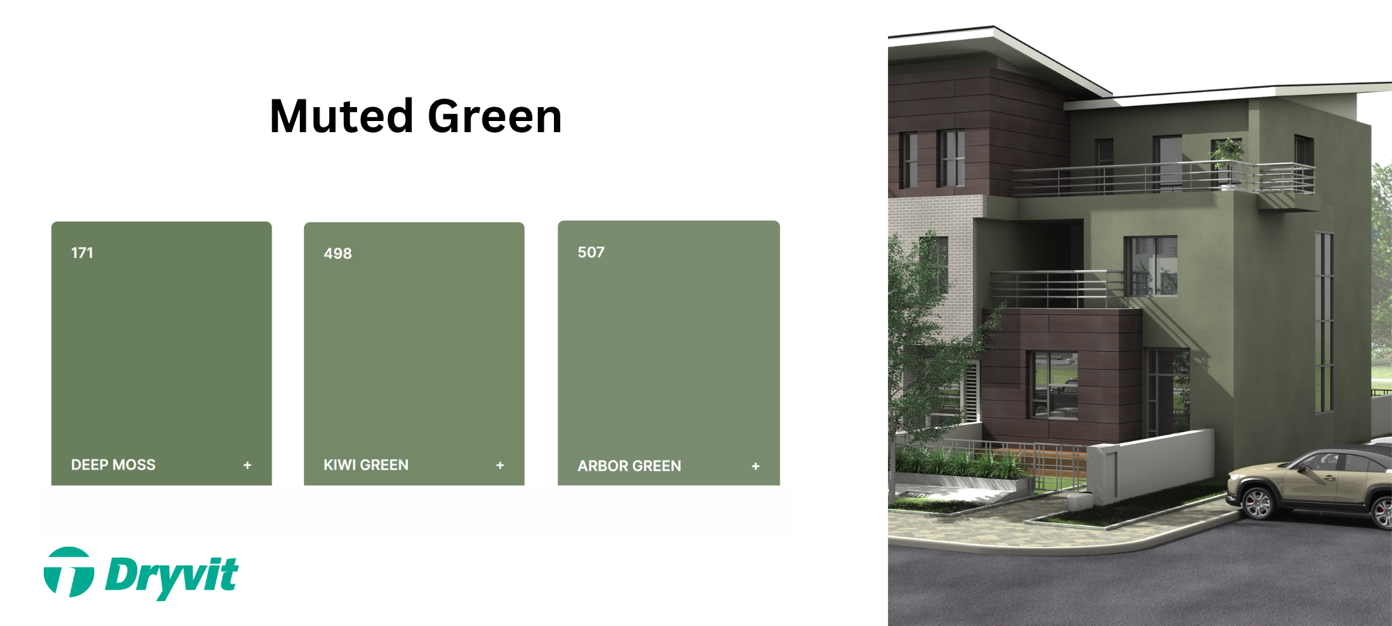 Graphic showing green color swatches and a green and brown building render.