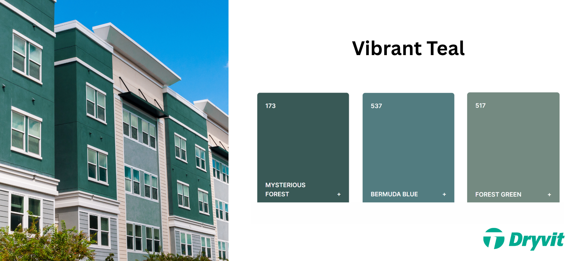 Graphic showing teal Dryvit color swatches and teal commercial building exterior.