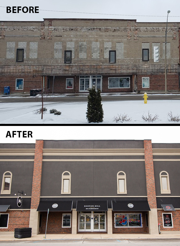 Before and after of exterior building renovation.